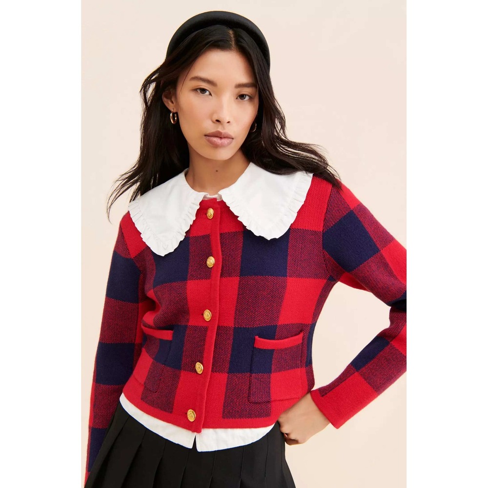 Anthropologie English Factory Cardigan Red Navy Buffalo Plaid Patch Pocket Large